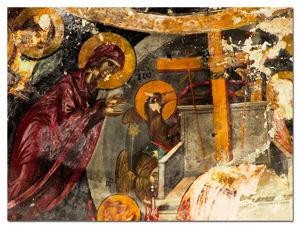После пожара сохранились иконы. Фреска Киккос Плачущий монах в кувшин.